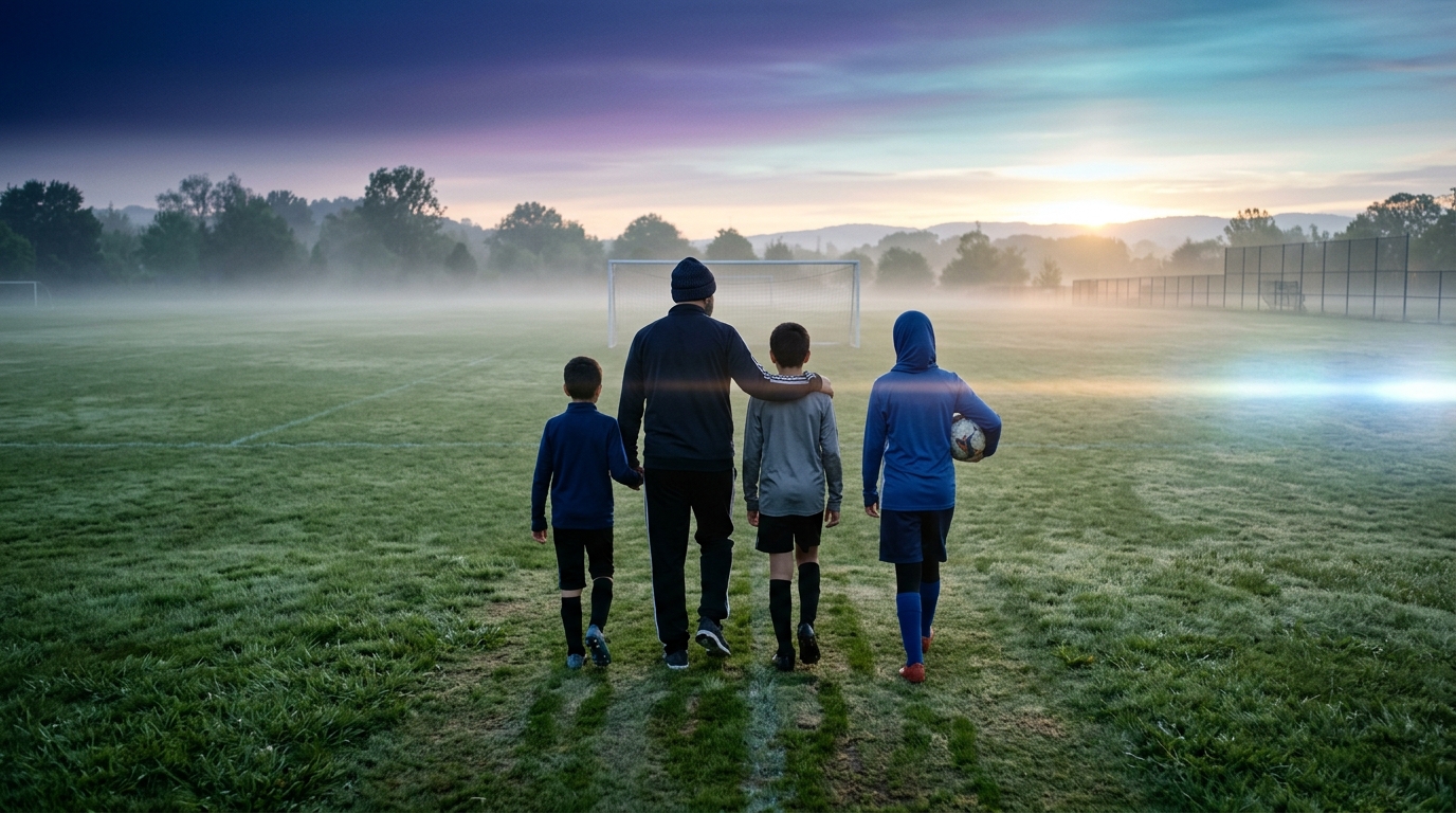A family walking onto a misty soccer pitch at dawn — Muslim Youths FC summer program